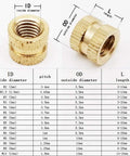 Solid Brass Insert Nuts M2 To M5 Metric Thread Knurl Nutserts showing detailed dimensions and specifications for DIY projects.