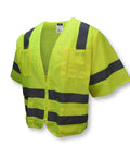 Heavy Duty Class Three Mesh Safety Vest With Short Sleeves And Snag Free Zipper Front Showing Bright Reflective Tape Plenty Of Pocket Space Green Large Fit ready for your daily job site hustle, highlighting short sleeves and six pockets.