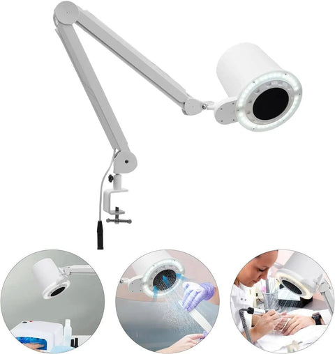 Badass Nail Dust Collector Vacuum With Sturdy Table Mount And Dimmable Led Light displayed with adjustable arm and LED lighting for use.