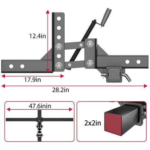Diagram of Heavy Duty 50 Inch Manual Implement Lift With 1 Point Lift System And 2 Inch Hitch Receivers showing dimensions.