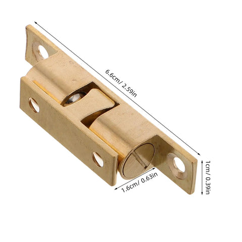 Copper Ball Catch Door Latch Set For Boats And Yachts, angled view showing dimensions, sturdy marine cabinet hardware