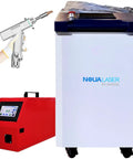 Knockout 4 In 1 1200W Laser Welder And Metal Cutter Kit with user holding welding gun, showcasing red control box and white unit.