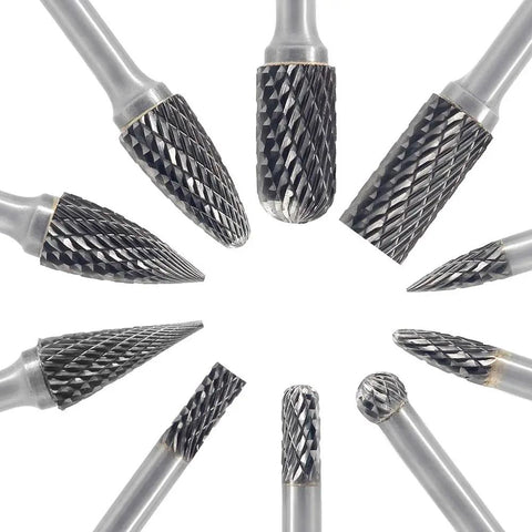 10 Piece Pro Grade Heavy Duty Carbide Burr Set For Die Grinder Bits With Quarter Inch Shank And Half Inch And Quarter Inch Head Diameters