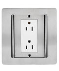 Slick Recessed Floor Power Box Featuring Double Electric Receptacles With Smooth Sliding Cover For Modern Homes showing stainless steel housing and dual outlets.