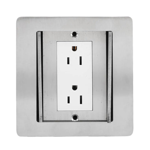 Heavy Duty Recessed Floor Outlet With Two Electrical Receptacles Featuring Double Slide Stainless Steel Build, front view showing dual sockets.