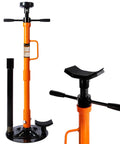Heavy Duty Underhoist Jack Stand Built Like A Tank For One Ton Loads With Wide Steel Base And Dual Pads, orange and black design, adjustable height.
