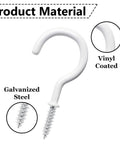 Close-up of a white vinyl-coated galvanized steel hook with focus on material in the 20 Pack Ceiling Hooks For Hanging Plants Two Point Nine Inch Screw In Hooks White Vinyl Coated Heavy Duty Indoor Outdoor Use Includes Plastic Hollow Pipes Ideal For Christmas Lights Cups Decor And Other Lightweight Items set.
