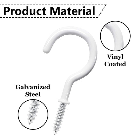 Close-up of a white vinyl-coated galvanized steel hook with focus on material in the 20 Pack Ceiling Hooks For Hanging Plants Two Point Nine Inch Screw In Hooks White Vinyl Coated Heavy Duty Indoor Outdoor Use Includes Plastic Hollow Pipes Ideal For Christmas Lights Cups Decor And Other Lightweight Items set.