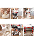 Hands mixing dough while using Compact Automatic Electric Pasta Maker For Fresh Homemade Noodles Stainless Steel Kitchen Press.