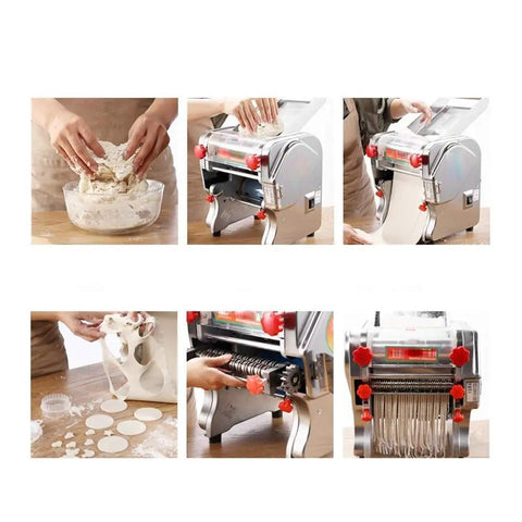 Hands mixing dough while using Compact Automatic Electric Pasta Maker For Fresh Homemade Noodles Stainless Steel Kitchen Press.