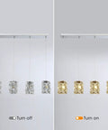 Lit Crystal Pendant Light 4 Light Modern Cluster Ceiling Fixture In Chrome with K9 Crystals on and off comparison