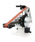 Badass Industrial Variable Speed 71 Inch Belt Grinder With 3 Grinding Wheels And Heavy Duty Base For Pro Knife Makers 220 Volt 2200W Smooth Running Workhorse on a sturdy white base with belt.