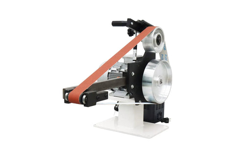 Badass Industrial Variable Speed 71 Inch Belt Grinder With 3 Grinding Wheels And Heavy Duty Base For Pro Knife Makers 220 Volt 2200W Smooth Running Workhorse on a sturdy white base with belt.