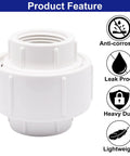 3/4 Inch PVC Pipe Union Fittings Set showing heavy duty, leak proof, anti-corrosion features with female thread couplings.