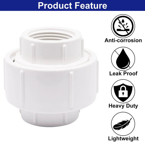 3/4 Inch PVC Pipe Union Fittings Set showing heavy duty, leak proof, anti-corrosion features with female thread couplings.