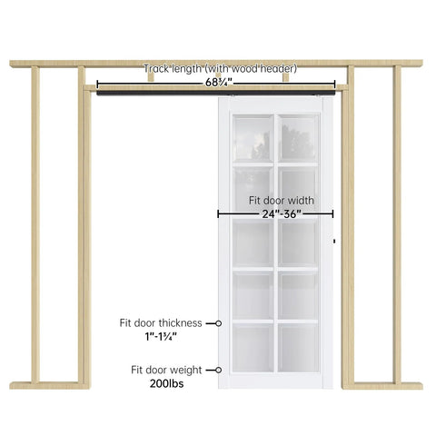 Diagram of Six Foot Sliding Pocket Door Hardware Kit Black With Aluminum Box Rail, showing track length and door specifications.