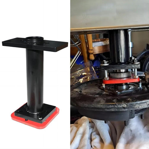 DPTOOL bearing puller stand with red base and black top plate
DPTOOL rear axle bearing puller installed on hub with red adapter plate and bolts