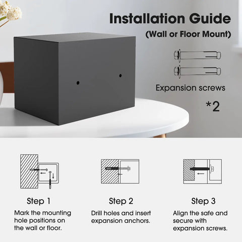 Installation guide for Compact Digital Home Safe With Keypad And Emergency Key, Mini 0.3 Cu Ft Stash Box showing wall mount steps.