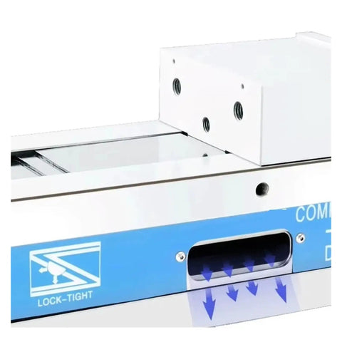 Close-up of Built Tough As Nails Heavy Duty Hydraulic Workholding Vise For Seamless CNC Machining Centers with locking feature.