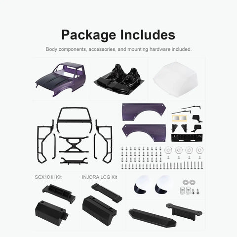 Package components for Hard Body With Interior And Bed Cage For 1 To 10 Scale RC Crawler In Purple Dope Premium Exterior