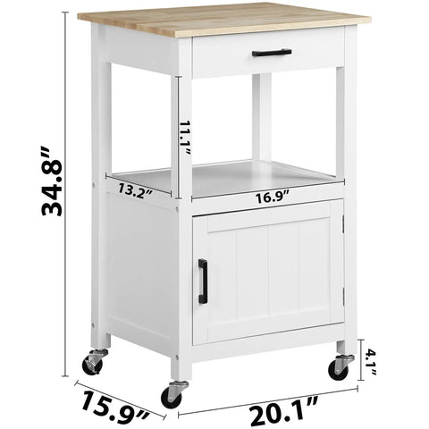 Smooth Rolling Kitchen Island Cart With Heavy Duty Casters And Solid Wood Top, white kitchen cart with dimensions and features.