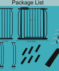 Package list of Extra Wide Pressure Mounted Baby Gate For Dogs And Pets with dimensions and parts