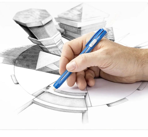 Hand using blue eraser stick with Mars Eraser Refills Pack Of 10 For Lead Pencil Erasers, creating smudge-free art on paper.