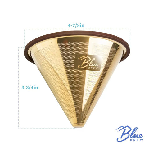 Titanium Coated Stainless Steel Pour Over Coffee Filter With Double Layer Mesh Cone for One to Four Cups, dimensions shown