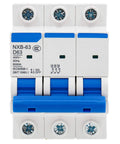 Front view of 3 Pole 63A Miniature Circuit Breaker MCB DIN Rail Mount 400VAC D Type Trip 6000A Breaking Capacity