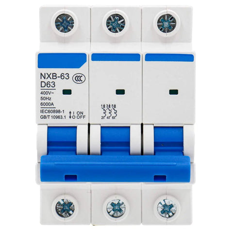 Front view of 3 Pole 63A Miniature Circuit Breaker MCB DIN Rail Mount 400VAC D Type Trip 6000A Breaking Capacity