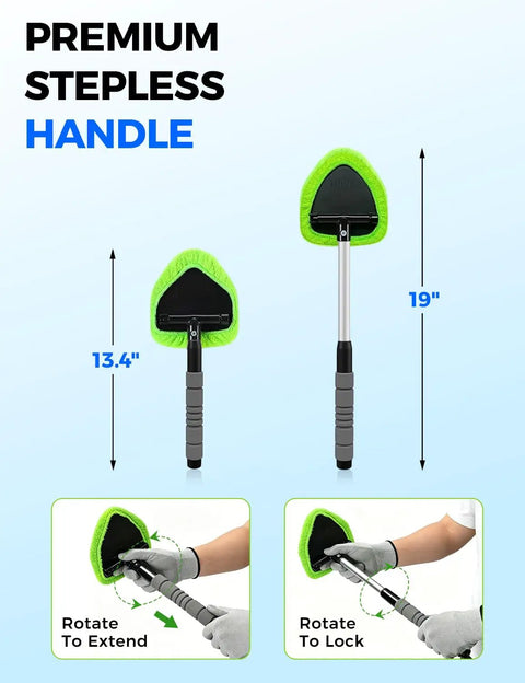 Extendable Interior Windshield Cleaner Tool With Four Plush Microfiber Pads For Streak Free Car And Home Window Detailing That Pulls Double Duty Without Any Sweat showing stepless handle adjustment.