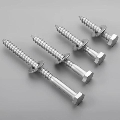 Six Pack 3/8 Inch By 4 Inch Hex Head Lag Screws With Flat Washers And Hex Bit 304 Stainless Steel Heavy Duty Wood Bolts For Deck Building Real Deal Rust Resistant Fasteners Built Tough For Crews, shown in an arrangement.