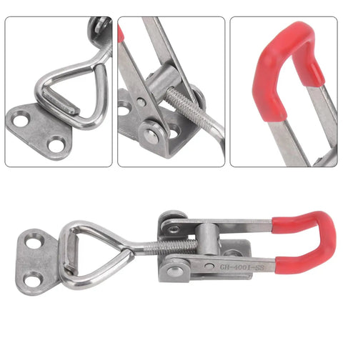 Rock Solid Heavy Duty Toggle Clamp Clip Adjustable Latch 150kg Clamp Power 304 Stainless Steel GH-4001-SS, red handle, close-up view