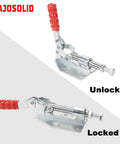 Two Pack Quick Release Push Pull Toggle Clamp Set Model 36092 With Adjustable Spindles, 1.26 Inch Stroke, 5.26 Inch Overall Length, Includes 8 M5 Screws, Super Handy For Hand Tool Projects And Quick Fixturing, unlocked and locked views