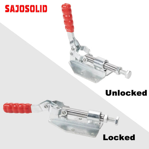 Two Pack Quick Release Push Pull Toggle Clamp Set Model 36092 With Adjustable Spindles, 1.26 Inch Stroke, 5.26 Inch Overall Length, Includes 8 M5 Screws, Super Handy For Hand Tool Projects And Quick Fixturing, unlocked and locked views