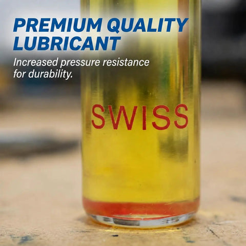 Pro Grade Watch Movement Oil Lubricant 2ml vial with 'Swiss' label, visible oil demonstrating high pressure resistance and low friction formula.
