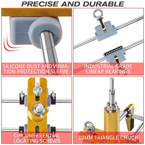 Battle Tested Door Lock Hole Opener Kit And Precision Mortising Jig For Wooden Doors Hardware Installation showing silicone dust sleeve, linear bearings, locating screws and triangle chuck.