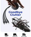 3 In 1 Retractable Car Charger Cable With USB C, Lightning And Micro USB Ports shown neatly held in hand