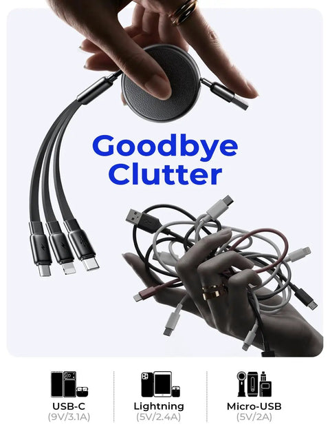 3 In 1 Retractable Car Charger Cable With USB C, Lightning And Micro USB Ports shown neatly held in hand