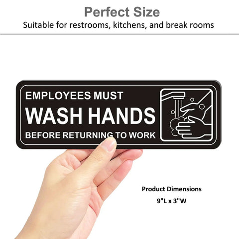 Close-up of premium self adhesive must wash hands sign 9 by 3 inch durable acrylic hand washing sign with symbols, held in hand.