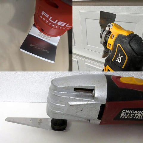 4 Piece Rigid Oscillating Tool Scraper Blades Set For Scraping And Cutting Tile Adhesive Caulk Paint Sealant In Tight Corners Quick Release Universal Fit Pro Grade Heavy Duty Includes 2x2 In Rigid Blades And 2x4 In Cutting Tapered Blades