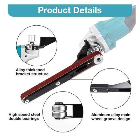 Tough As Nails Cordless Angle Grinder Equipped With Quick Swap Belt Sanding Attachments showcasing alloy bracket and dual bearings.