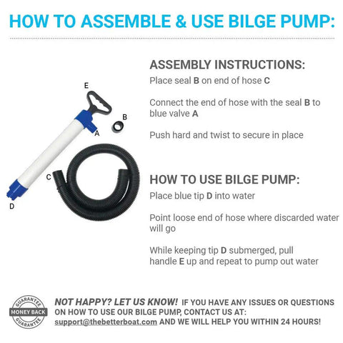 How to assemble and use portable handheld bilge pump with 39 inch hose for boats kayaks and dinghies no fuss 20 GPM water siphon bailer chart