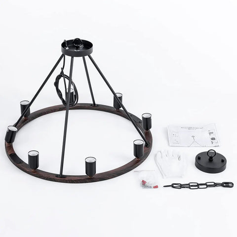 Black Wagon Wheel Light With Eight Lights Rustic Farmhouse Style Ceiling Pendant Outdoor Porch Lantern parts and assembly