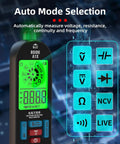 A1X Handy Smart Digital Multimeter Tester with Rechargeable Battery Displaying Auto Mode Options