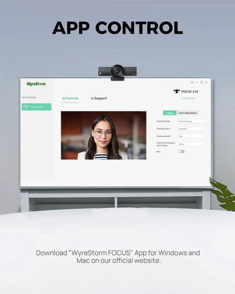 Top Shelf 4K AI Conference Webcam With Smart Auto Framing For Small Meeting Rooms And Zoom Certified Virtual Teams app interface with video settings.