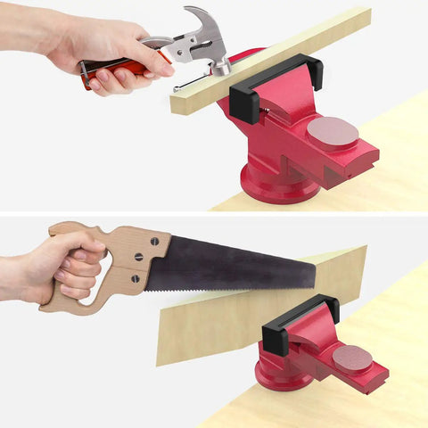 Beefy Universal Table Vise 3 Inch Jaw Opening With 360 Degree Swivel Base Bench Clamp For Woodworking And Metalworking, Thickened 0.2 Inch Jaw For Grip That Won't Budge, Fits Most Workbenches. Clamping wood with cast steel swivel base
