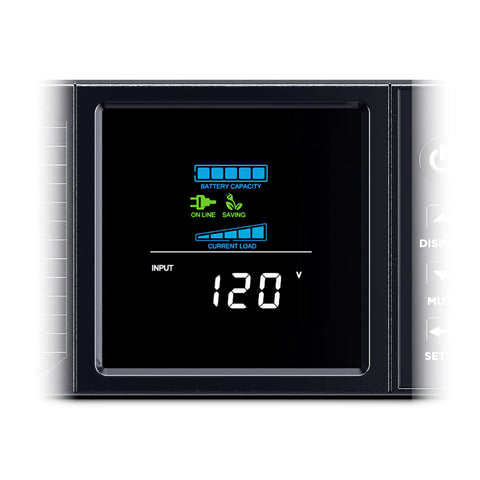 Display panel of PFC Sine Wave UPS Battery Backup and Surge Protector, 2000VA 1200W, showing battery capacity and input voltage.
