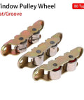 Heavy Duty Double Groove Sliding Door Rollers That Glide Like Butter For Smooth Window Track Repair And Tough Metal Hardware Fixups. Three metal window pulley wheels.