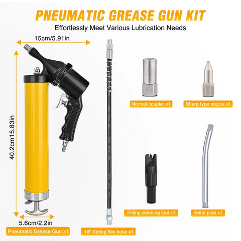 Pro Grade Heavy Duty Pneumatic Grease Gun Kit 6000 PSI, 14 Oz Capacity, components displayed including hose and couplers